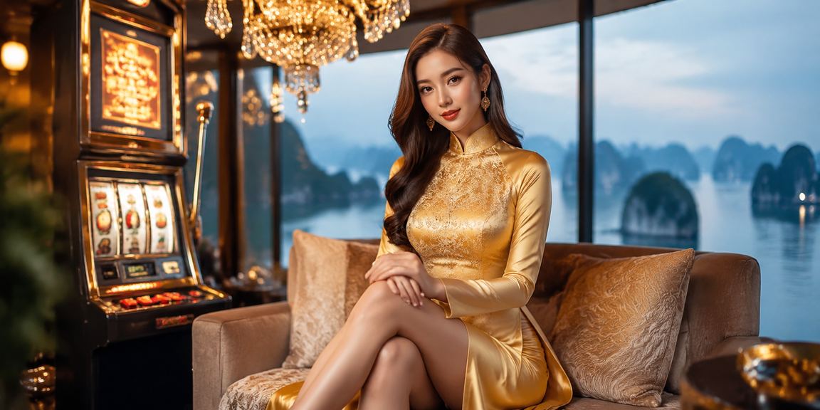 Người chơi trong trang phục áo dài trải nghiệm slot game tại vịnh Hạ Long